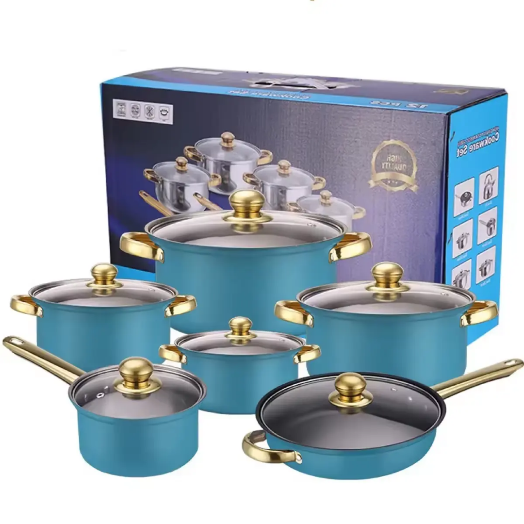 12pcs Eco-Friendly Stainless Steel Kitchen Cookware Set Non-Stick Pots and Pans with Gift Box for Cooking
